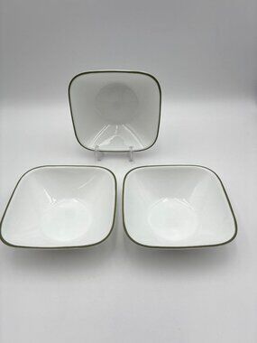 Corelle Set of 3 Square White Soup Cereal Bowls Green Olive Trim 6.25"